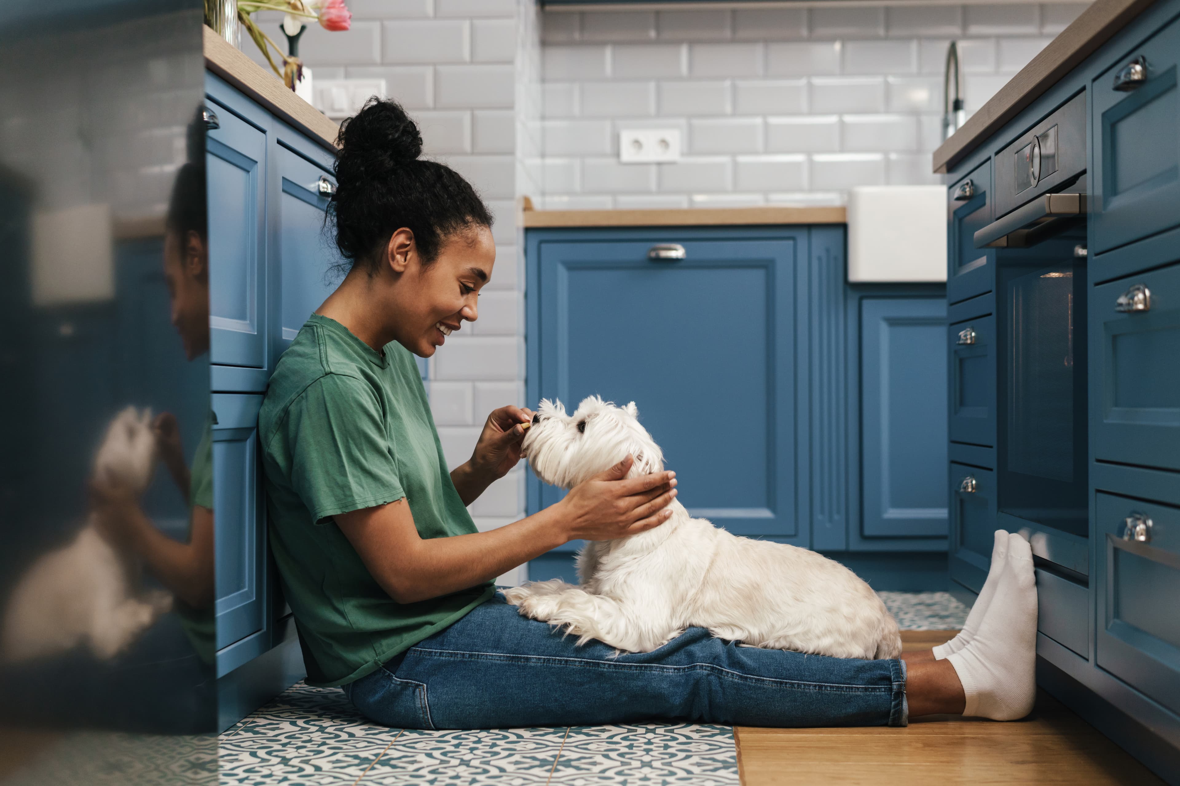 Woman feeding white dog in kitchen - representing harmonious shared spaces
