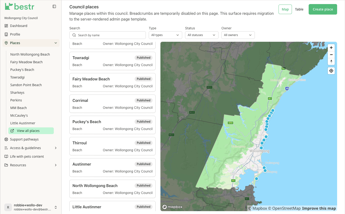 Bestr admin portal showing council places for Wollongong City Council on a map and list view.