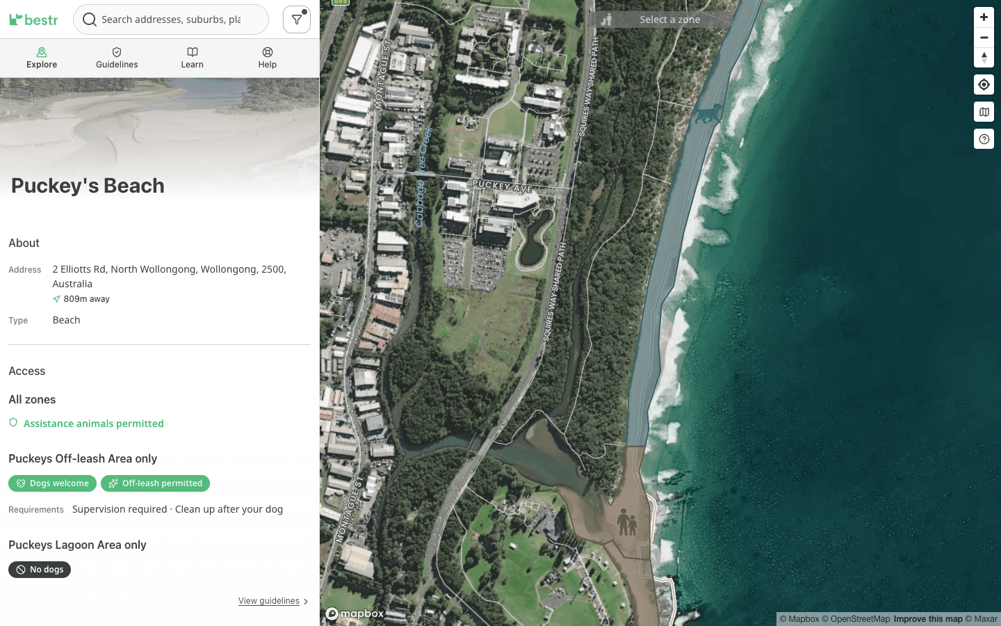 Bestr public map view showing Puckey's Beach with place details and zone guidance.